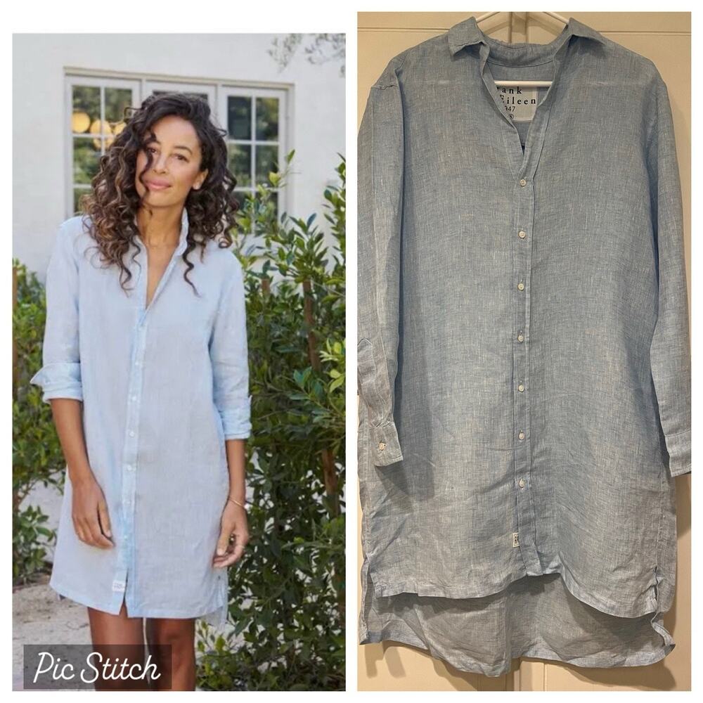 Frank & Eileen Hunter Blue Linen Shirt Dress Button Front Size Small $398